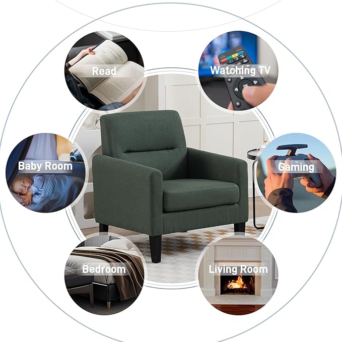 Accent Chair, Mid Century Modern Living Room Chairs Comfy Reading Chair with Upholstered Cushion Relax Armchair for Bedroom Apartment,Office, Green