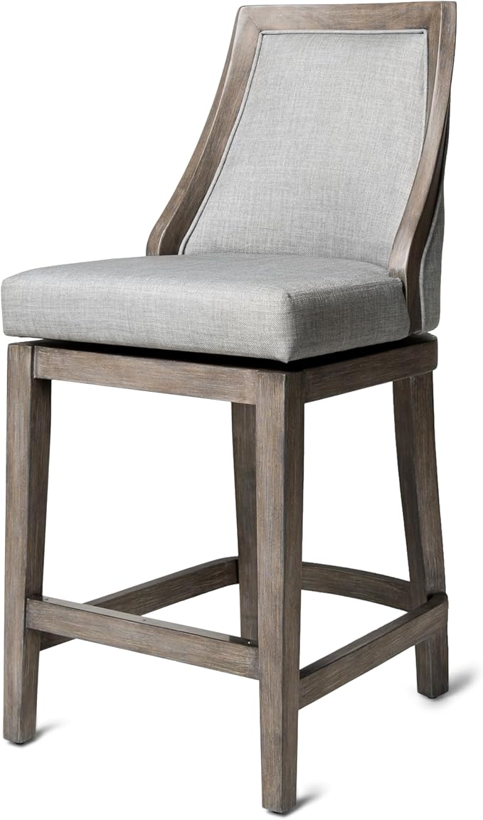 Maven Lane Vienna Counter Stool 26 Inches High – Swivel Stool with Footrest – Grey Solid Wood and Grey Fabric Upholstery – Perfect for Kitchen Islands and Counters