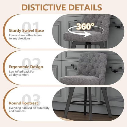 MINCETA Bar Stools Set of 4, 26 Inch Upholstered Barstools with Low Tufted Back and Footrest, Swivel Counter Height Barstools for Kitchen Island Home Bar Performance Fabric Gray