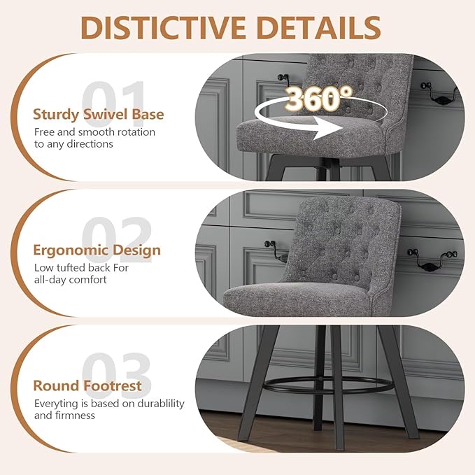 MINCETA Bar Stools Set of 2, 26 Inch Upholstered Barstools with Low Tufted Back and Footrest, Swivel Counter Height Barstools for Kitchen Island Home Bar Performance Fabric Gray