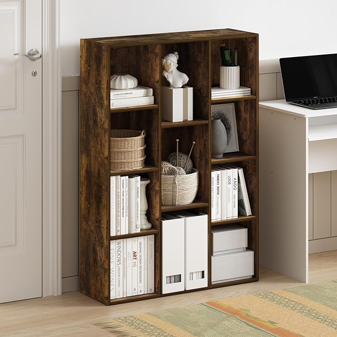 Furinno LUDER Book Shelf, 11-Cube Bookshelf, Reversible Bookcase, 9.4 x 29.1 x 41.7, for Living Room, Bedroom, Home Office, Amber Pine