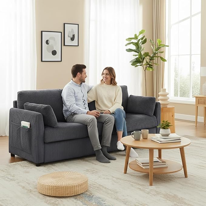 3 Seater Couches for Living Room, 79" Modern Corduroy Sofa with 2 Pillows and Storage Pockets, Small Couches for Apartment, Small Spaces, Home Office, Grey