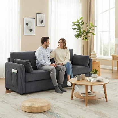 3 Seater Couches for Living Room, 79" Modern Corduroy Sofa with 2 Pillows and Storage Pockets, Small Couches for Apartment, Small Spaces, Home Office, Grey