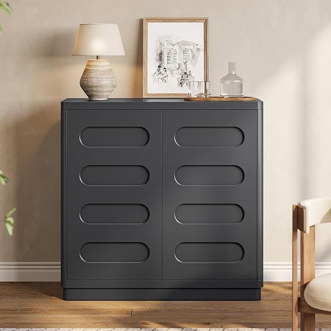 Buffet Cabinet Set of 2 with Storage, Arc Accent Sideboard with 2 Doors and Adjustable Shelves, Large Console Table for Dining Room, Kitchen, Living Room, Black