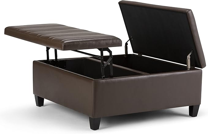 SIMPLIHOME Ellis 36 inch Wide Contemporary Square Coffee Table Storage Ottoman in Chocolate Brown Vegan Faux Leather, Assembled, For the Living Room and Bedroom