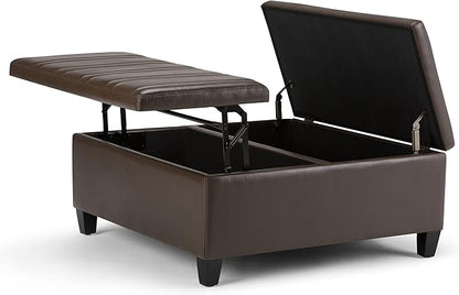 SIMPLIHOME Ellis 36 inch Wide Contemporary Square Coffee Table Storage Ottoman in Chocolate Brown Vegan Faux Leather, Assembled, For the Living Room and Bedroom
