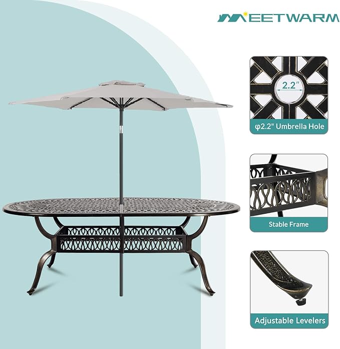 MEETWARM 9-Piece Outdoor Patio Dining Set, 8 Outdoor Dining Cushioned Chairs and 1 Oval Table with 2" Umbrella Hole, All Weather Cast Aluminum Patio Funiture Set for Backyard, Patio, Garden, Navy Blue