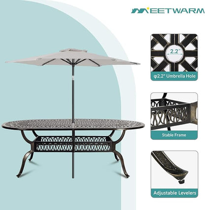 MEETWARM 9-Piece Outdoor Furniture Dining Set, All Weather Cast Aluminum Patio Garden Set with 8 Chairs, 8 Cushions, 1 Oval Table, 2" Umbrella Hole, Dark Bronze, Navy Blue
