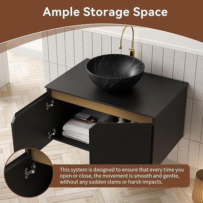 30 Inch Bathroom Vanity with Sink, Floating Fluted Vanity with Vessel Sink, Modern Bathroom Vanity Cabinet with 2 Doors, Bowl Vessel Sink & Sintered Stone Top, Black