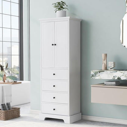 P PURLOVE Bathroom Storage Cabinet with 2 Doors and 4 Drawers,Tall Bathroom Cabinet Standing,Wood Freestanding Bathroom Cabinet for Kitchen,Living Room,White