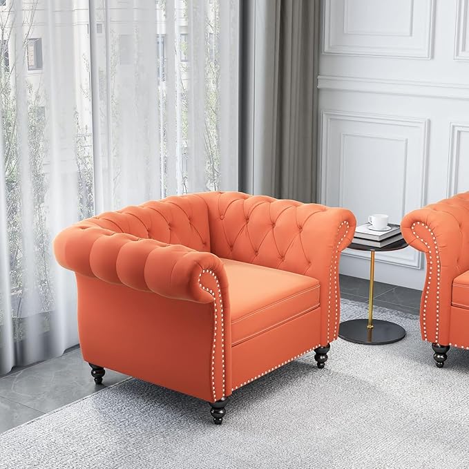 Living Room Chair, Modern Velvet Chesterfield Sofa Chair, Mid Century Single Sofa Couch Chair with Tufted Back and Rolled Arms, Accent Sofa Chair for Living Room Apartment, Orange