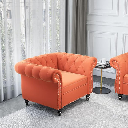 Living Room Chair, Modern Velvet Chesterfield Sofa Chair, Mid Century Single Sofa Couch Chair with Tufted Back and Rolled Arms, Accent Sofa Chair for Living Room Apartment, Orange