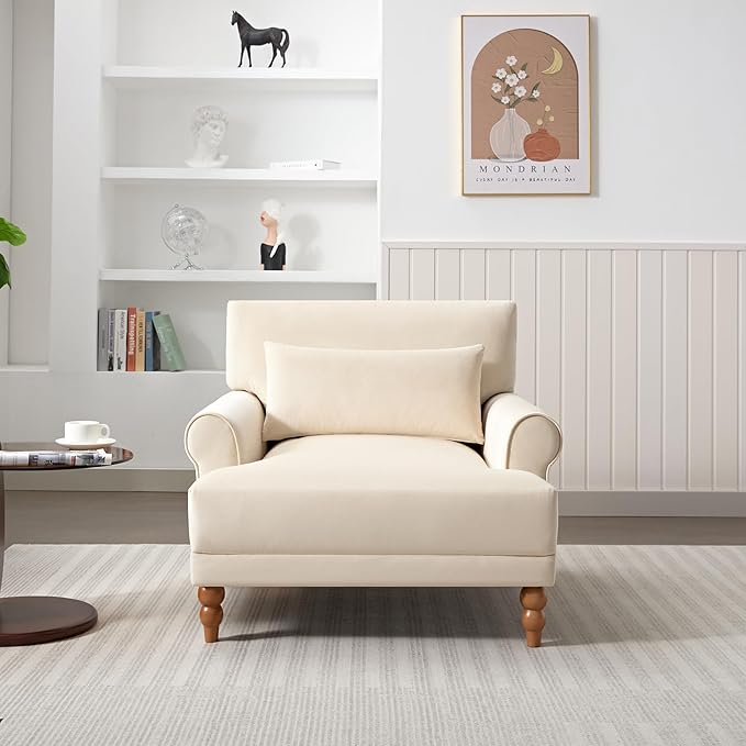 Merax Accent Chair with Circular Armrests, Upholstered Armchair Single Sofa with Vintage Roman Column Legs for Living Room, Bedroom, Study, Ergonomic Lumbar, Velvet, Beige