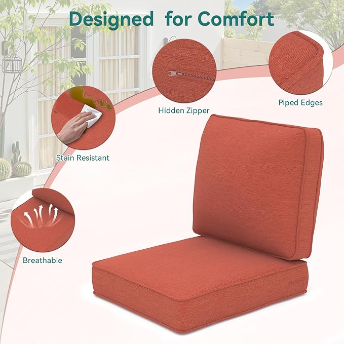 Outdoor Chair Cushions 23" x 24" x 4", Patio Deep Seat Replacement Cushions Set with Zippered Removable Cover, Weather-Resistant Olefin Fabric for Garden Chair Sofa Couch, Set of 6, Red