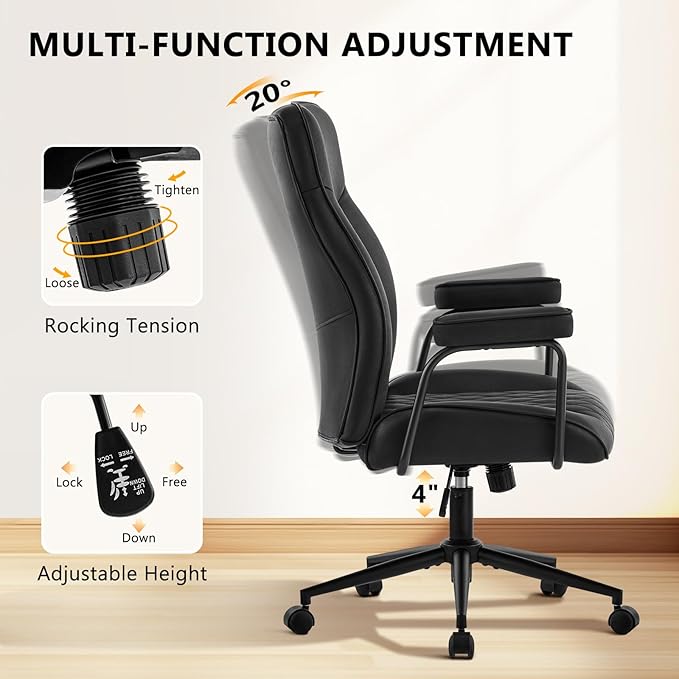 Leather Home Office Desk Chairs, Comfy Office Chair, Mid Century Modern Office Chair with Lumbar Support, Mid-Back Adjustable Swivel Computer Chair with Wheels and Arms, Black