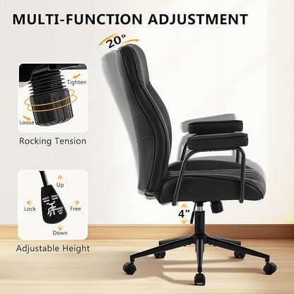 Leather Home Office Desk Chairs, Comfy Office Chair, Mid Century Modern Office Chair with Lumbar Support, Mid-Back Adjustable Swivel Computer Chair with Wheels and Arms, Black
