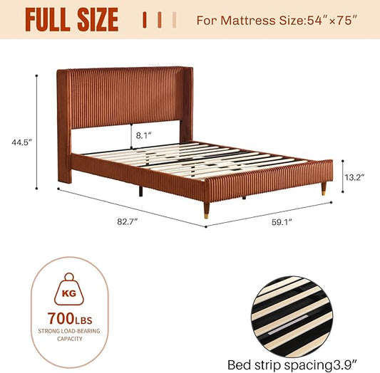 PINJU Full Size Bed Frame, Upholstered Platform Bed with Modern Vertical Striped Wingback Headboard with Wooden Slats, Easy to Assemble No Noise Free (OCHER, Full)
