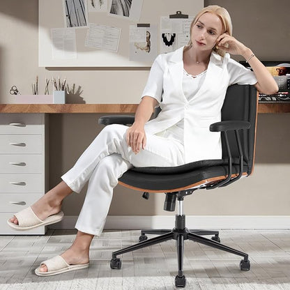 Home Office Desk Chair with Armrests & Wheels, Modern Walnut Swivel Rolling Executive Task Chair, PU Leather Vanity Chair with Lumbar Support, Height Adjustable Ergonomic Computer Chair (Black)