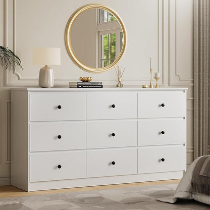 9 Drawer Dresser for Bedroom, 59" Wide White Chest of Drawers, Wooden Dresser with 9 Drawers with Ample Storage, Modern Storage Organizer for Hallway,Nursery