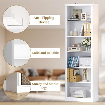 75" Tall Bookshelf & Bookcase Set of 2, 6-Tier Adjustable Storage Shelves, Book Shelf with Anti-Tipping Device, Floor Standing Modern Display Rack for Living Room, Bedroom, Office, White