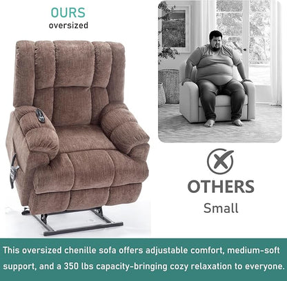 Power Lift Recliner Chair for Elderly, Oversized Chenille Electric Recliners Chairs for Living Room, Dual Motor 180° Lay Flat Recliner Big Sofa with Massage and Heating, Heavy-Duty, Brown