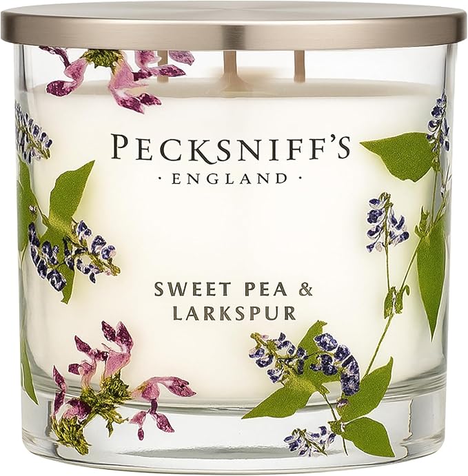 Pecksniff’s 3 Wick Candle – Sweet Pea & Lark Spur, 550 g / 19.4 oz – Long Lasting Burn, Elegant Home Decor & Relaxing Ambiance