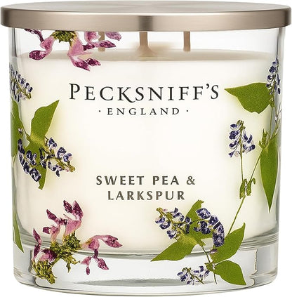 Pecksniff’s 3 Wick Candle – Sweet Pea & Lark Spur, 550 g / 19.4 oz – Long Lasting Burn, Elegant Home Decor & Relaxing Ambiance