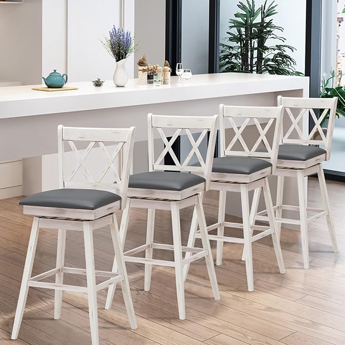 COSTWAY Bar Stool Set of 2, 360° Swivel Bar Height 29.5 inch Bar Stool with Foot Rest Upholstered Cushion & Ergonomic Backrest, Sturdy Frame, for Pub, Restaurant, Home (2, Antique White+ Grey)