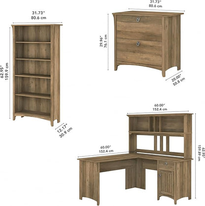 Bush Furniture Salinas L Shaped Desk with Hutch, File Cabinet and 5 Shelf Bookcase | 3 Piece Home Office Furniture Set in Reclaimed Pine | L Shaped Corner Table with Storage