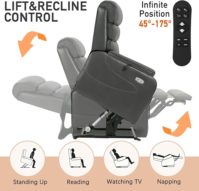 EONIX Dual Motor Lay Flat Power Lift Recliner Chair for Elderly, Breathable Faux Leather Electric Lift Chairs for Adults, 400lbs Heavy Duty Power Recliner with Heat Massage Charging Ports, Grey