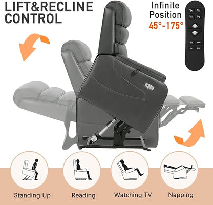 EONIX Dual Motor Lay Flat Power Lift Recliner Chair for Elderly, Breathable Faux Leather Electric Lift Chairs for Adults, 400lbs Heavy Duty Power Recliner with Heat Massage Charging Ports, Grey