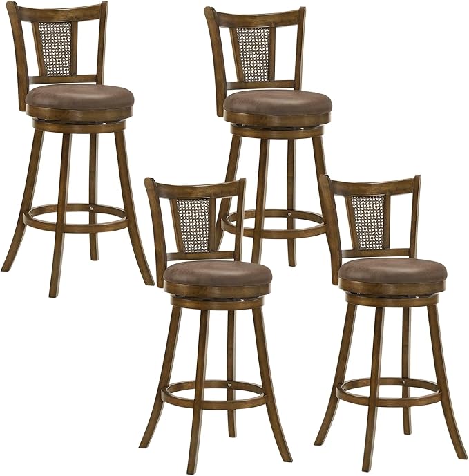 COSTWAY Barstools Set of 4, 30” Solid Rubber Wood Swivel Bar Chairs with Faux Leather Seat, Curved PE Rattan Back, for Living Room & Kitchen Island, Brown (4, 30” Seat Height)