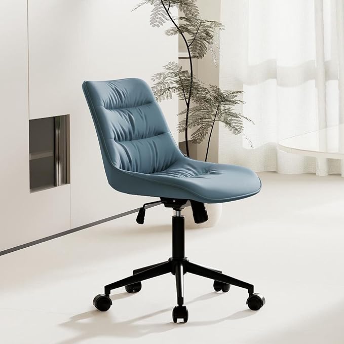 Rowill Leather Office Chair, Ergonomic Armless Desk Chair with Waterproof Cushion & Slient Wheels & SGS-Certified Class 3 Explosion-Proof Gas Lift, Ideal for Home Office, Study and Vanity(Blue)
