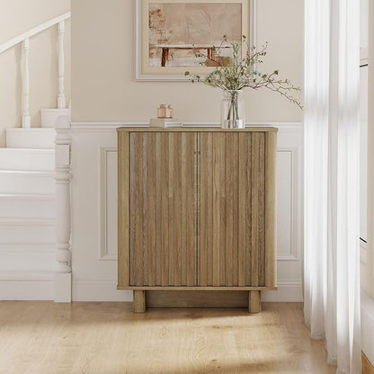 Sideboard Buffet Cabinet with Storage, Natural Freestanding Floor Cabinet Farmhouse Sideboard with 2 Fluted Doors Wooden Hallway Cabinet Media Console Table Credenza for Living Room Dining Room, 3PCS