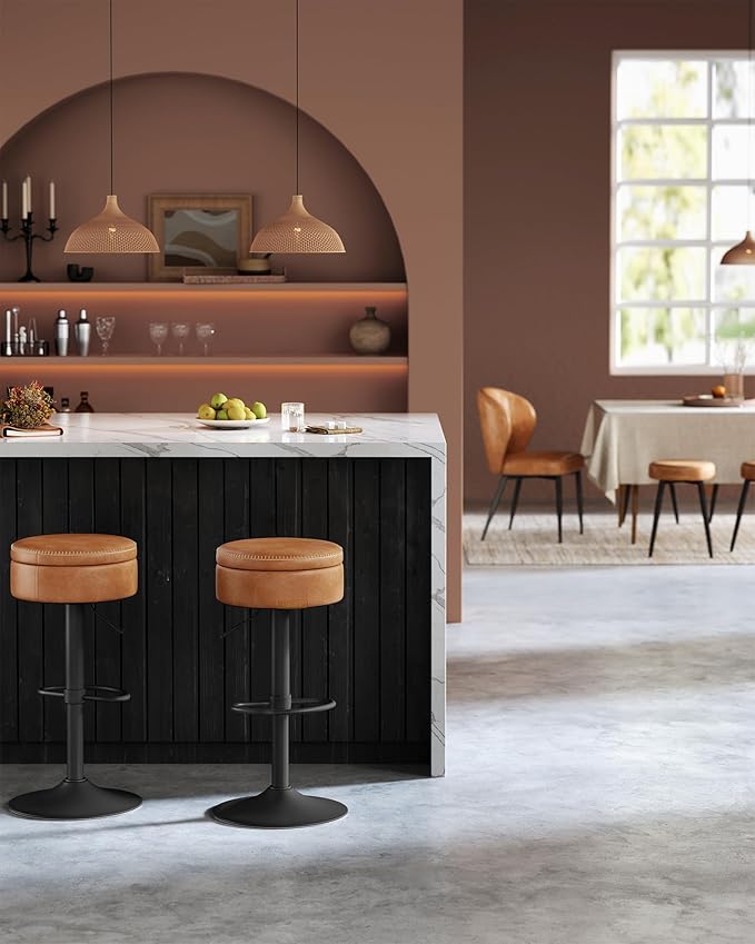 VASAGLE EKHO Collection - 360° Swivel Bar Stools Set of 4, Height Adjustable Barstools with Storage, Synthetic Leather with Stitching, Mid-Century Modern, Kitchen Bar, Easy Assembly, Caramel Brown