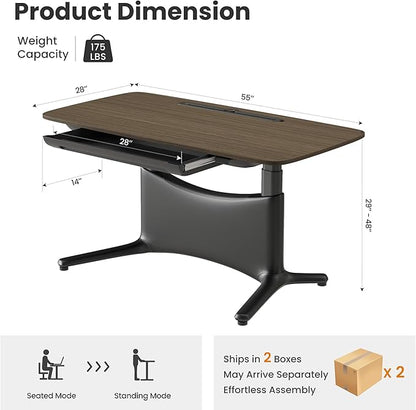 COLAMY Electric Standing Desk, Whole-Piece Gaming Desk with Dual Motors, Ergonomic Footrest, Drawers for Storage, Adjustable Height Sit-Stand Desk for Home Office (MFC Desktop, Walnut + Black)