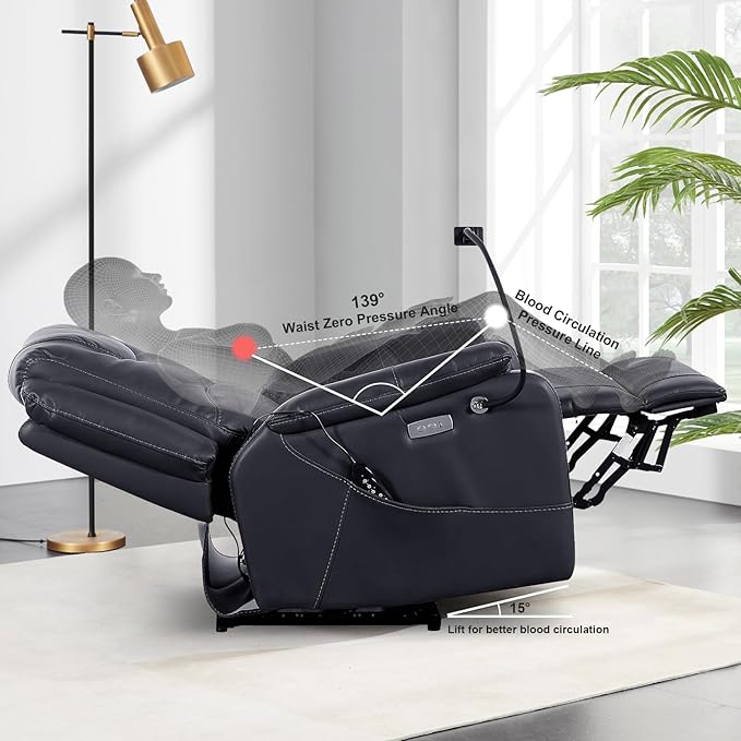 Zero Gravity Power Recliner Chairs for Adults 139°Single Sofa Chair Massage and Lumbar Heating with USB Port, Phone Holder, Side Pocket, Eco Leather(Black)