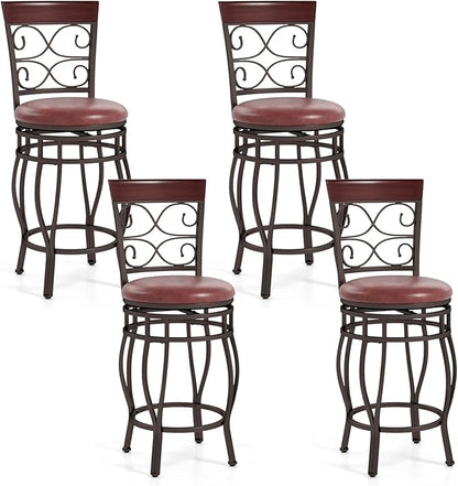 Giantex 26" Swivel Bar Stools Set of 4, Counter Height Bar Stools w/Back, Upholstered PU Leather Seat, Footrest, Max Load 330Lbs, Vintage Metal Barstools for Kitchen Island, Dining Room, Rustic Brown