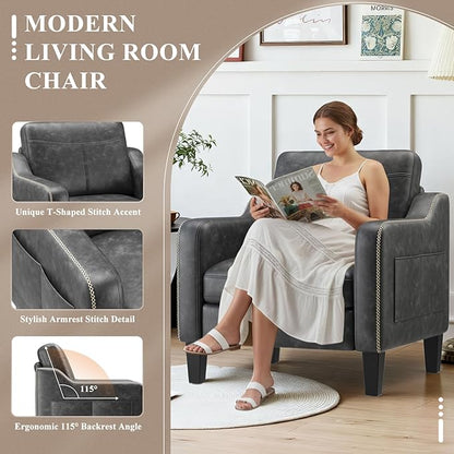 PU Leather Accent Chair Set of 2, Mid-Century Modern Living Room Armchair Sofa with Removable Cushions, Solid Wood Frame & Stitched Armrest Design, Bedroom Chair with Plastic Legs, Black