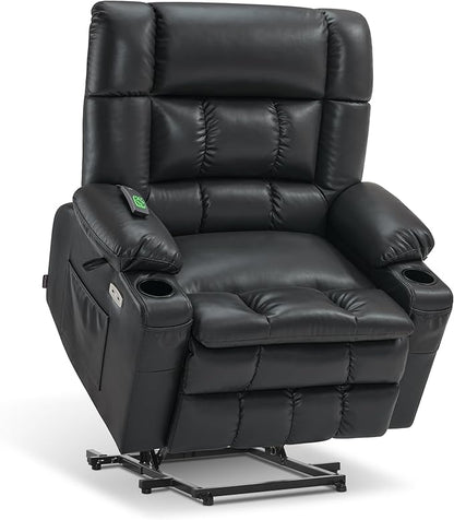 MCombo Dual Motor Power Lift Recliner Chair for Elderly, Lay Flat Lift Chair with Heat and Massage, Petite Wide Lift Chair, Cup Holders, USB A&C Ports, Faux Leather R7894 (Black, Small-Wide)