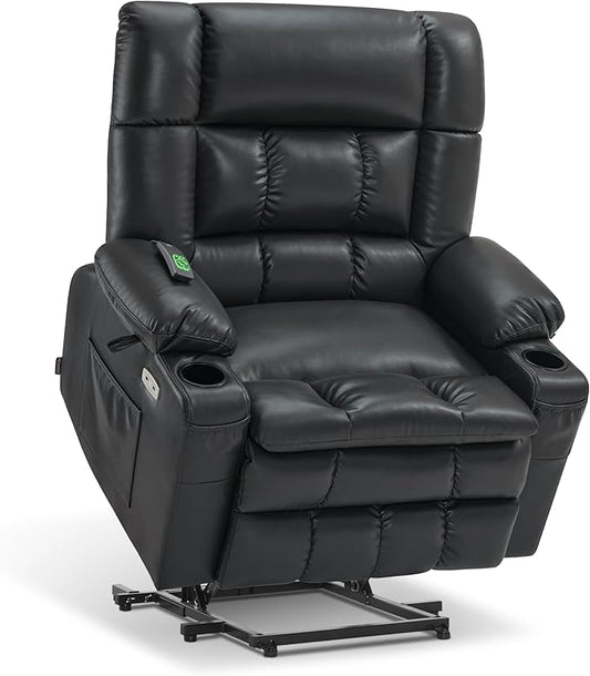 MCombo Dual Motor Power Lift Recliner Chair for Elderly, Lay Flat Lift Chair with Heat and Massage, Petite Wide Lift Chair, Cup Holders, USB A&C Ports, Faux Leather R7894 (Black, Small-Wide)