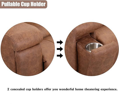 CANMOV Leather Recliner Chair, Classic and Traditional Manual Recliner Chair with Overstuffed Arms and Back, Manual Single Sofa with Concealed Cup Holders, Brown