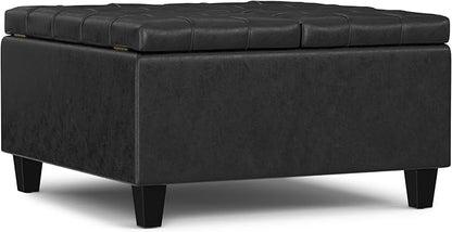 SIMPLIHOME Harrison 30 inch Wide Transitional Square Small Coffee Table Storage Ottoman in Distressed Black Vegan Faux Leather, Assembled, for The Living Room and Bedroom