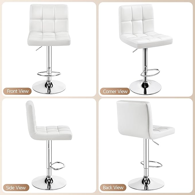 Yaheetech Bar Stools Set of 3, Adjustable PU Leather Swivel Barstools, Modern Counter Stools with Back and Footrest, Counter Height Barstools for Bar, Kitchen, Dining Room, White