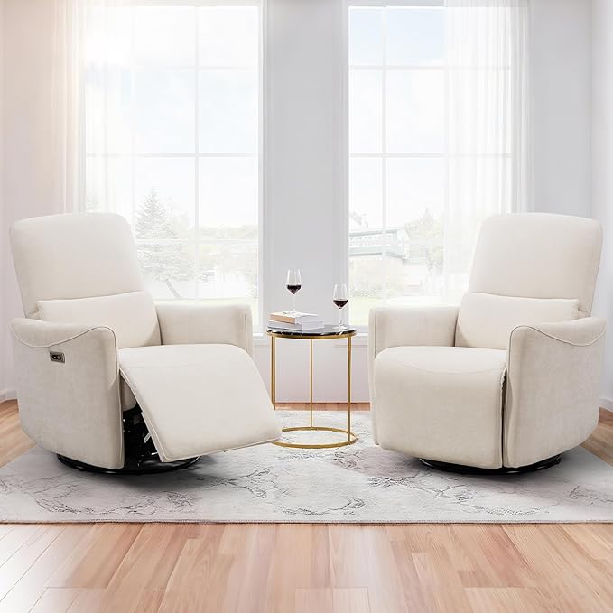 Power Swivel Recliner Chair, Upholstered Fabric Glider Electric Rocking Chair for Adults. Nursery Rocker Single Sofa with Lumbar Support for Living Room. Dual-port Charging: Type-C&USB, Beige