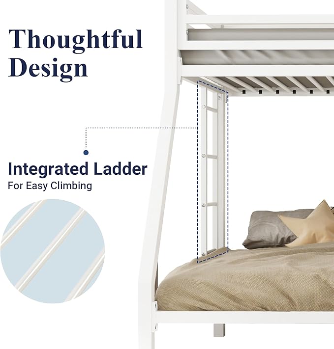 Allewie Metal Bunk Bed Twin Over Full Size for Junior & Adults with Ladder and Heavy Duty Guardrail, Small Space Saving Design for Bedroom Kid Room and Dorm, White