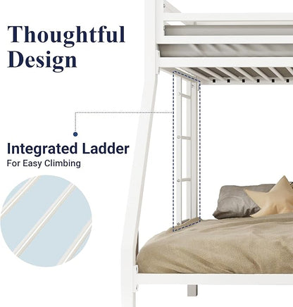 Allewie Metal Bunk Bed Twin Over Full Size for Junior & Adults with Ladder and Heavy Duty Guardrail, Small Space Saving Design for Bedroom Kid Room and Dorm, White