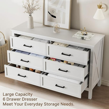 LYNSOM Farmhouse 6 Drawers Dresser for Bedroom, Wood Rustic Wide Chest of Drawers with Deep Drawers, Metal Handle, Storage Dressers Organizer for Hallway