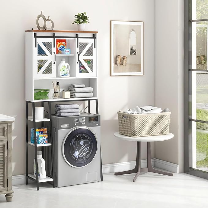 Over The Toilet Storage Cabinet, Farmhouse Storage Cabinet Over Toilet with 2 Sliding Barn Door，Home Space-Saving Toilet Rack, for Bathroom, Restroom, Laundry(White).