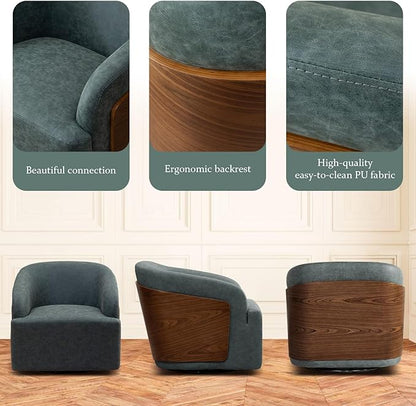Swivel Accent Chair Faux Leather Swivel Barrel Chair Comfortable Mid Century Modern Chair Upholstered Metal Base Armchair for Living Room Bedroom Office Large Vintage Blue